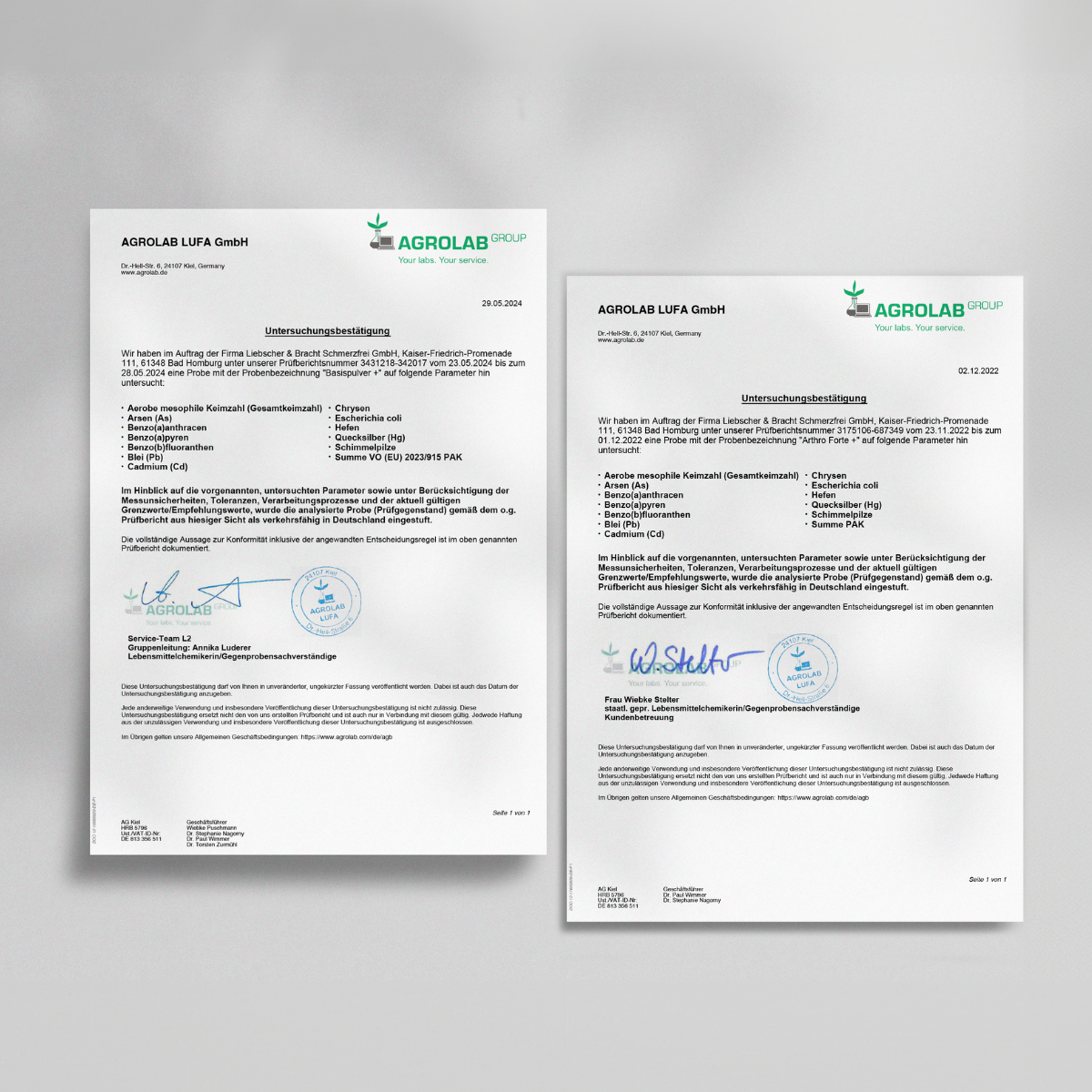 Zwei offizielle Dokumente der AGROLAB LUFA GmbH in deutscher Sprache, jeweils mit blauer Tinte unterschrieben und gestempelt, sind nebeneinander mit Logos und Überschriften abgebildet und beziehen sich auf die Glucosamin- und Vitaminanalyse für Liebscher & Bracht ALL IN ONE - Arthro-Paket (Pulver+Kapseln).
