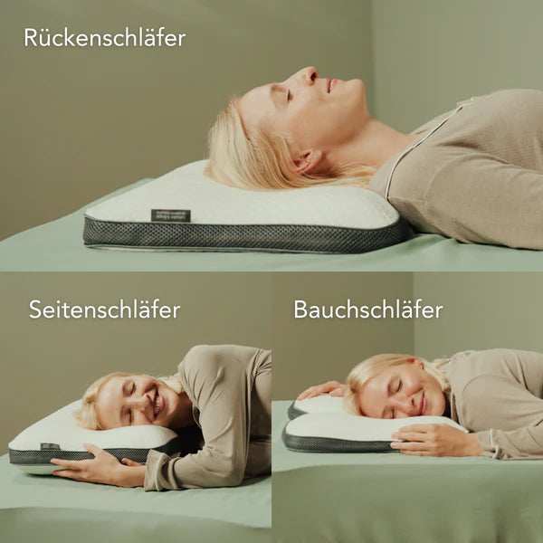 Eine Frau demonstriert drei Schlafpositionen auf einem weißen Kissen: Rückenschläfer, Seitenschläfer und Bauchschläfer, jeweils auf einem hellgrünen Bett.