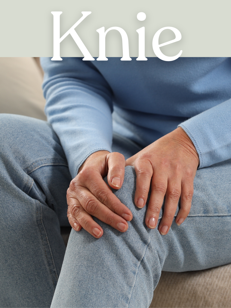 Eine Person in einem blauen Pullover und Jeans sitzt und hält sich mit beiden Händen das Knie. Oben auf dem Bild steht das Wort Knie geschrieben.
