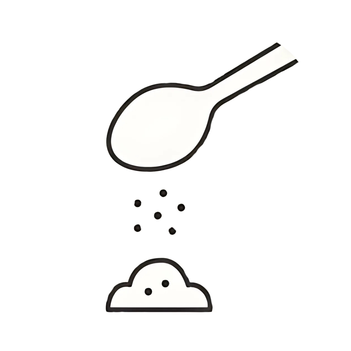 Eine einfache Schwarz-Weiß-Zeichnung eines Löffels, der kleine Partikel auf einen kleinen Hügel streut, möglicherweise als Darstellung von Zucker oder Salz beim Ausgießen.