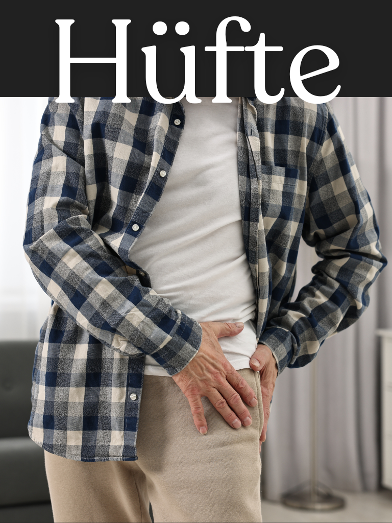 Eine Person in einem karierten Hemd berührt mit Unbehagen ihre Hüfte. Das deutsche Wort Hüfte erscheint in großer weißer Schrift am oberen Rand des Bildes.