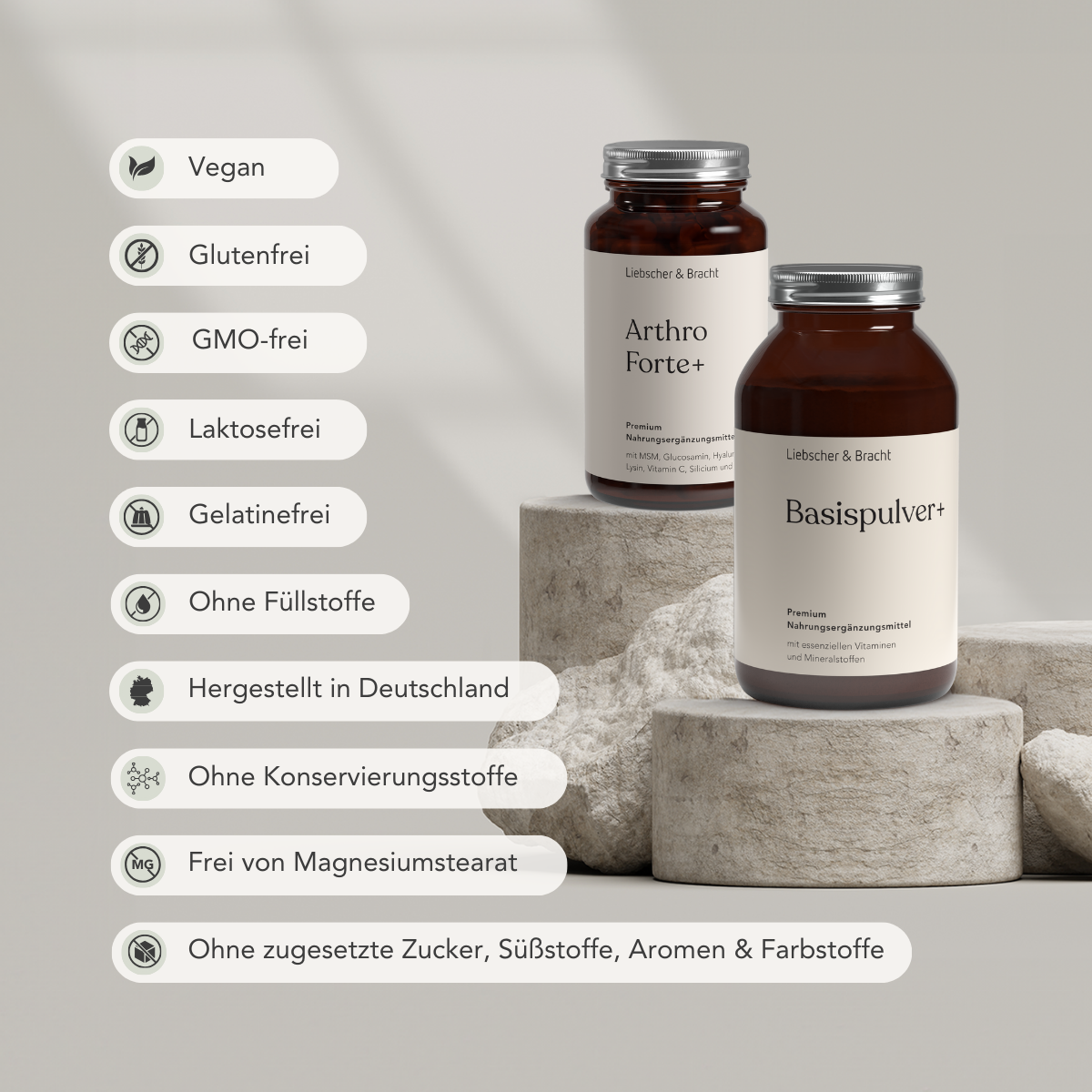 Zwei ALL IN ONE - Arthro-Paket (Pulver+Kapseln) von Liebscher & Bracht auf Steinsockel, mit veganen Inhaltsstoffen, Vitaminunterstützung, Glucosamin und frei von Gluten, GVO, Zuckerzusatz, Süßstoffen und Konservierungsstoffen.