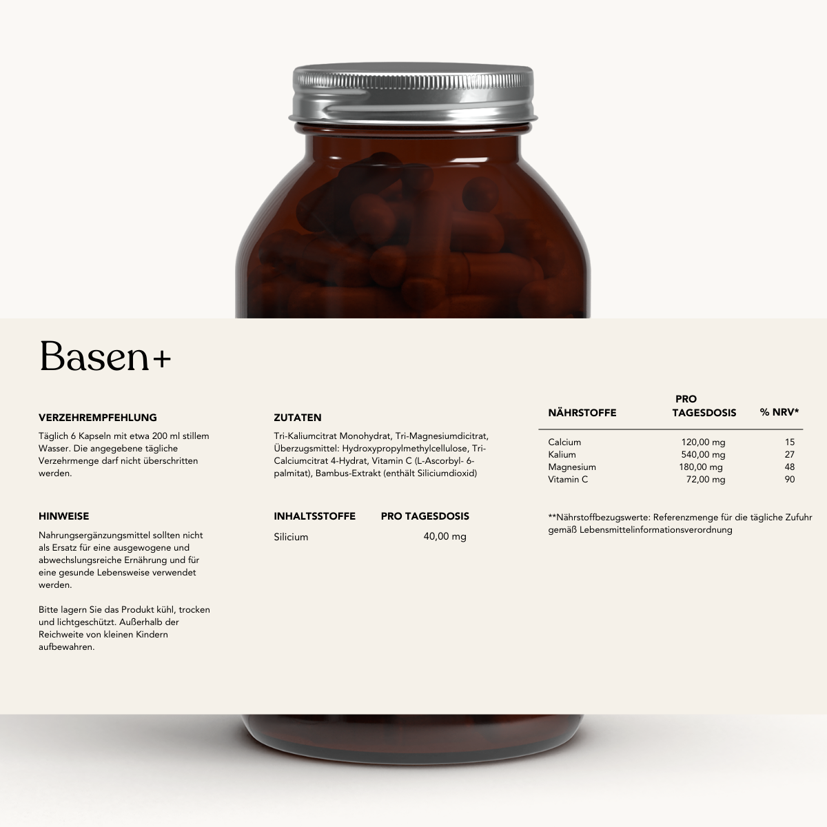 Eine Braunglasflasche mit Kapseln und deutschem Etikett zeigt Produktinfos, darunter Glucosamin, Hyaluronsäure, Nährstoffe, Dosierung und Anwendungshinweise für Die 3er-Kombi - Arthro Premium Vitalstoffe von Liebscher & Bracht.