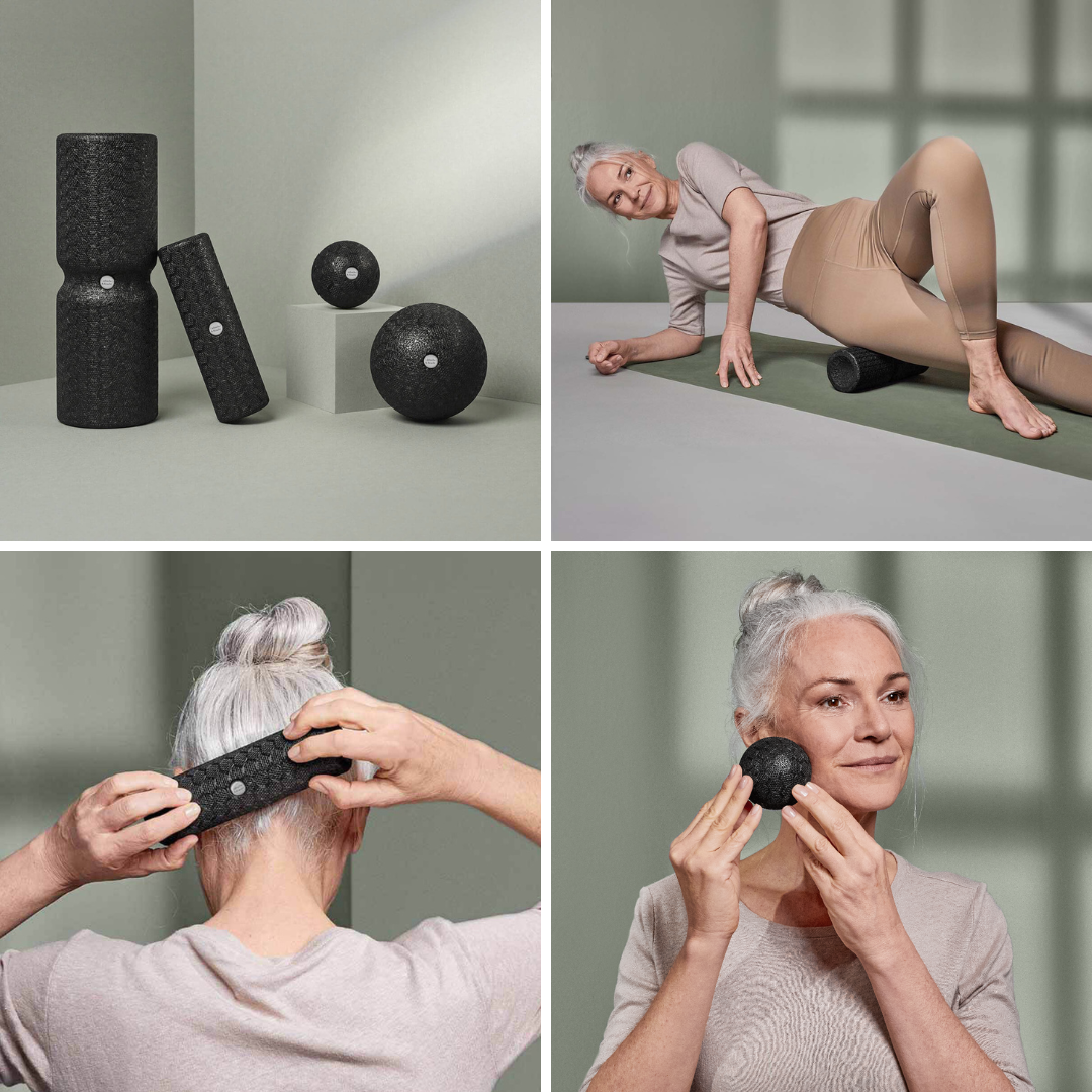 Eine Collage zeigt das Liebscher & Bracht Dein Kiefer-Paket mit schwarzen Schaumstoffrollen und -kugeln, wie eine lächelnde ältere Frau sie auf ihren Beinen, im Nacken und im Gesicht zur Muskelmassage, zum Faszien-Training und zur Entspannung einsetzt.