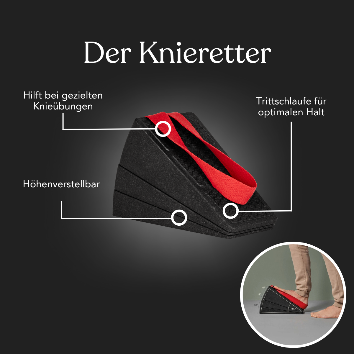 Schwarze keilförmige Kniebandage mit rotem Fußriemen von Liebscher & Bracht, beschriftet mit "Dein Komplett-Paket". Highlights sind die Höhenverstellbarkeit, gezielte Knieübungen und eine verbesserte Stabilität. Die Abbildung zeigt eine Person im Einsatz.