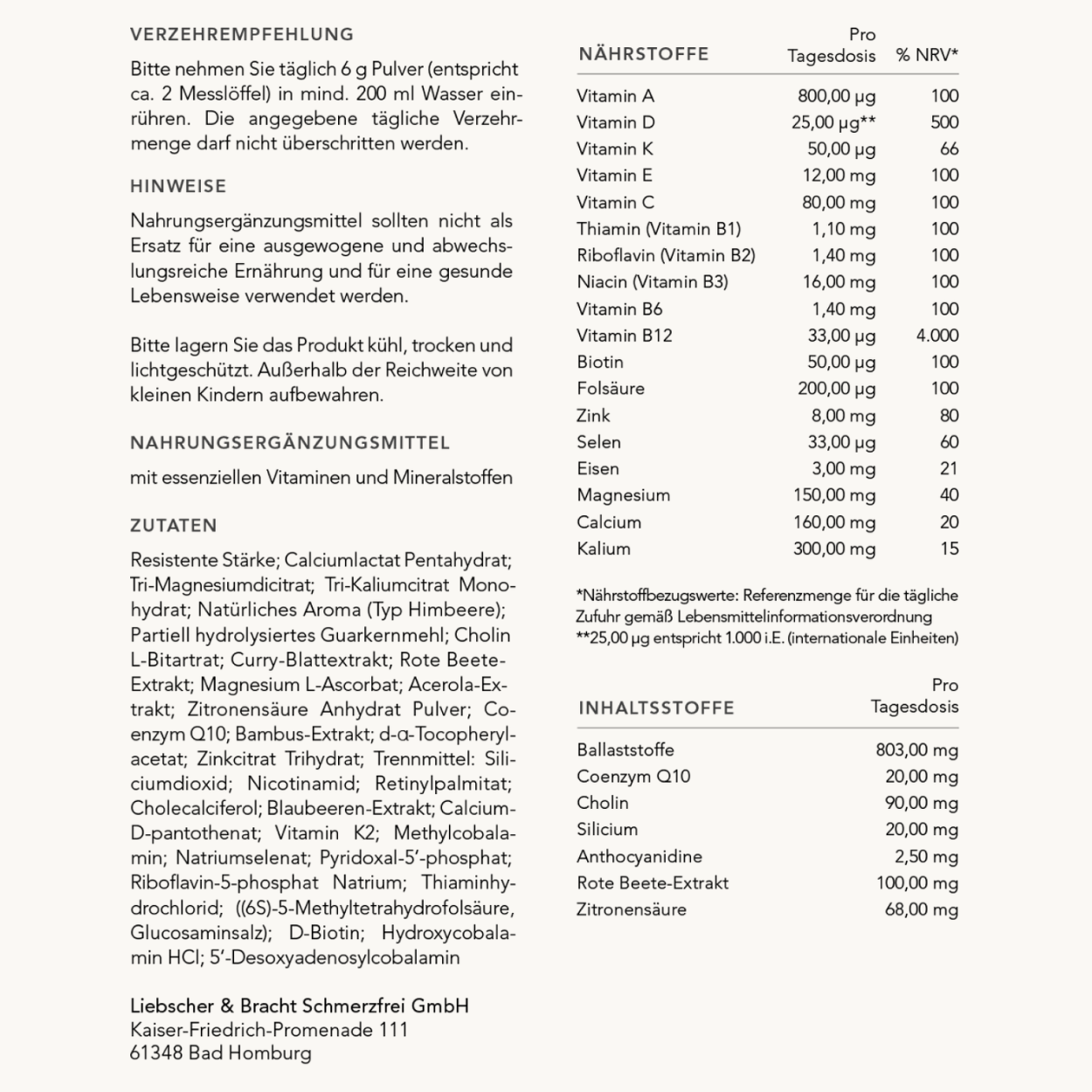 Ein Nahrungsergänzungsmittel-Etikett in deutscher Sprache mit Gebrauchsanweisungen, Warnhinweisen, Inhaltsstoffen, Vitaminen, Mineralstoffen, Nährwerten pro Portion und Kontaktinformationen des Herstellers in Tabellenform.
