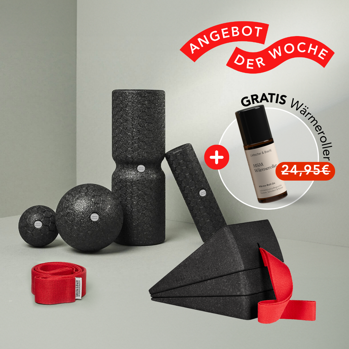 Das Dein Knie-Paket von Liebscher & Bracht enthält Faszienrollen, Massagebälle, Trittschlaufe und Keilstützen. Eine GRATIS Wärmerolle mit rotem Preisschild. ANGEBOT DER WOCHE steht auf einem roten Banner.