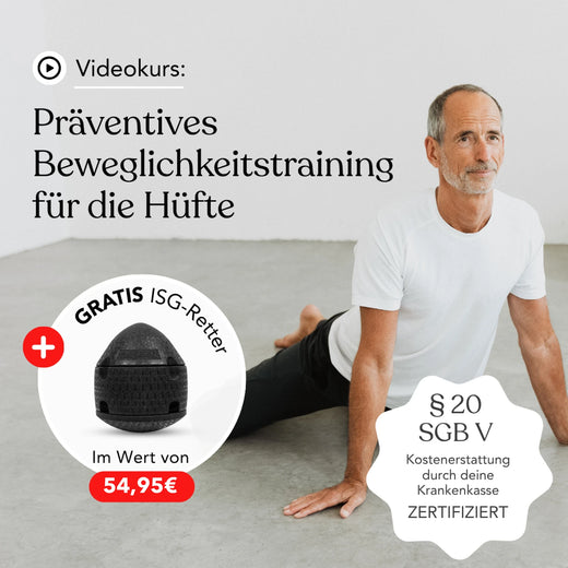 Ein Mann in Sportkleidung führt auf einer Yogamatte eine Hüftdehnung durch. Der Text wirbt für den Liebscher & Bracht-Videokurs „Präventives Beweglichkeitstraining für die Hüfte“, hebt ein kostenloses ISG-Retter-Tool hervor und erwähnt die Kostenerstattung durch die Krankenkasse sowie die Zertifizierung.