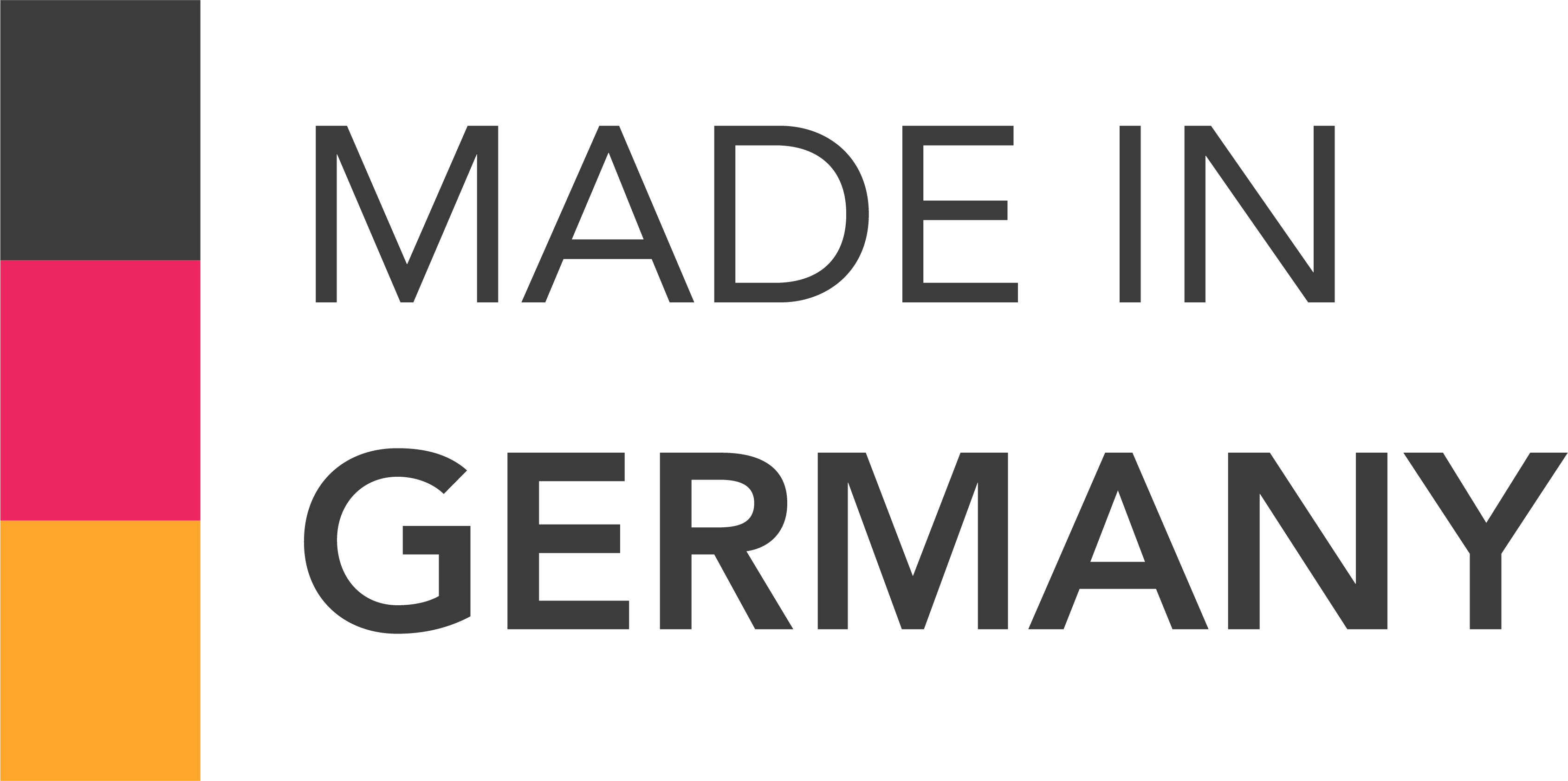 Made in Germany"-Schriftzug neben drei vertikalen Rechtecken in Schwarz, Rot und Gelb, die an die Farben der deutschen Flagge erinnern.