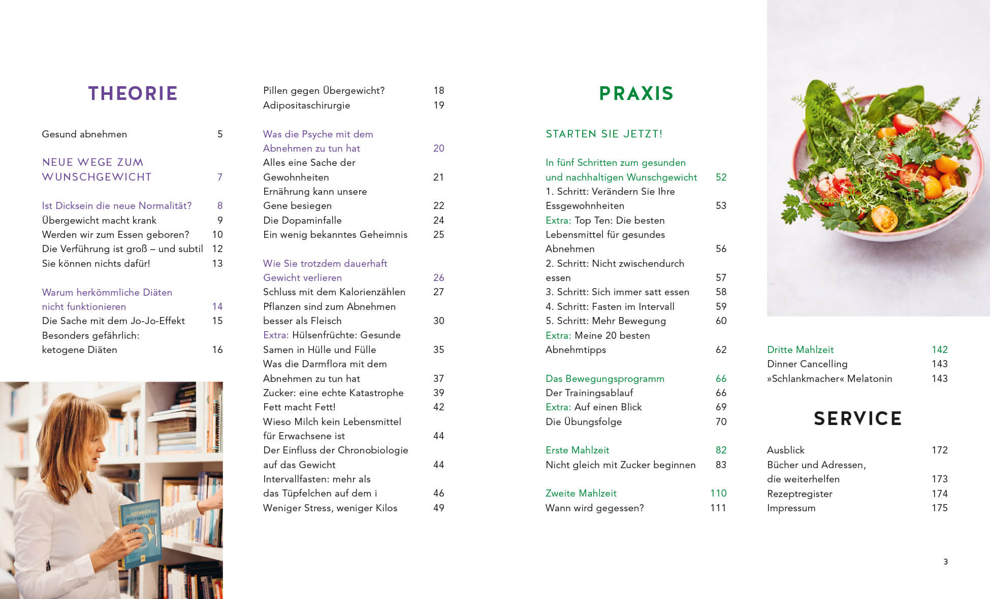 Inhaltsverzeichnis eines Gesundheits- und Diätbuchs neben dem Foto eines Salats mit Tomaten, Grünzeug, Ei und Radieschen in einer weißen Schüssel, mit Besteck und einer Serviette an der Seite.