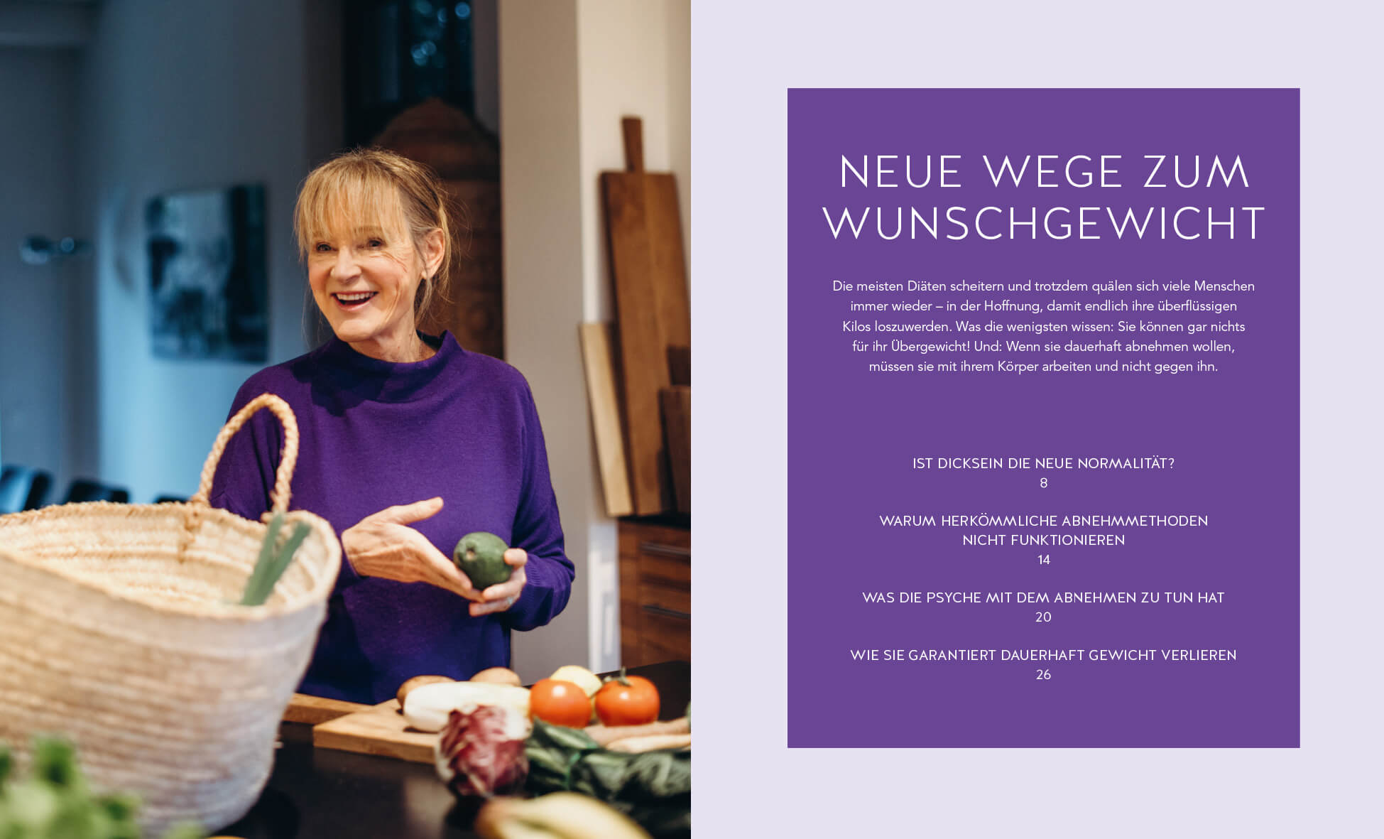 Eine lächelnde Frau in einem lilafarbenen Pullover steht in einer Küche und hält Gemüse in der Hand, auf der Theke steht ein Einkaufskorb. Neben ihr liegt eine deutsche Zeitschriftenseite mit dem Titel Neue Wege zum Wunschgewicht mit aufgelisteten Artikelthemen.