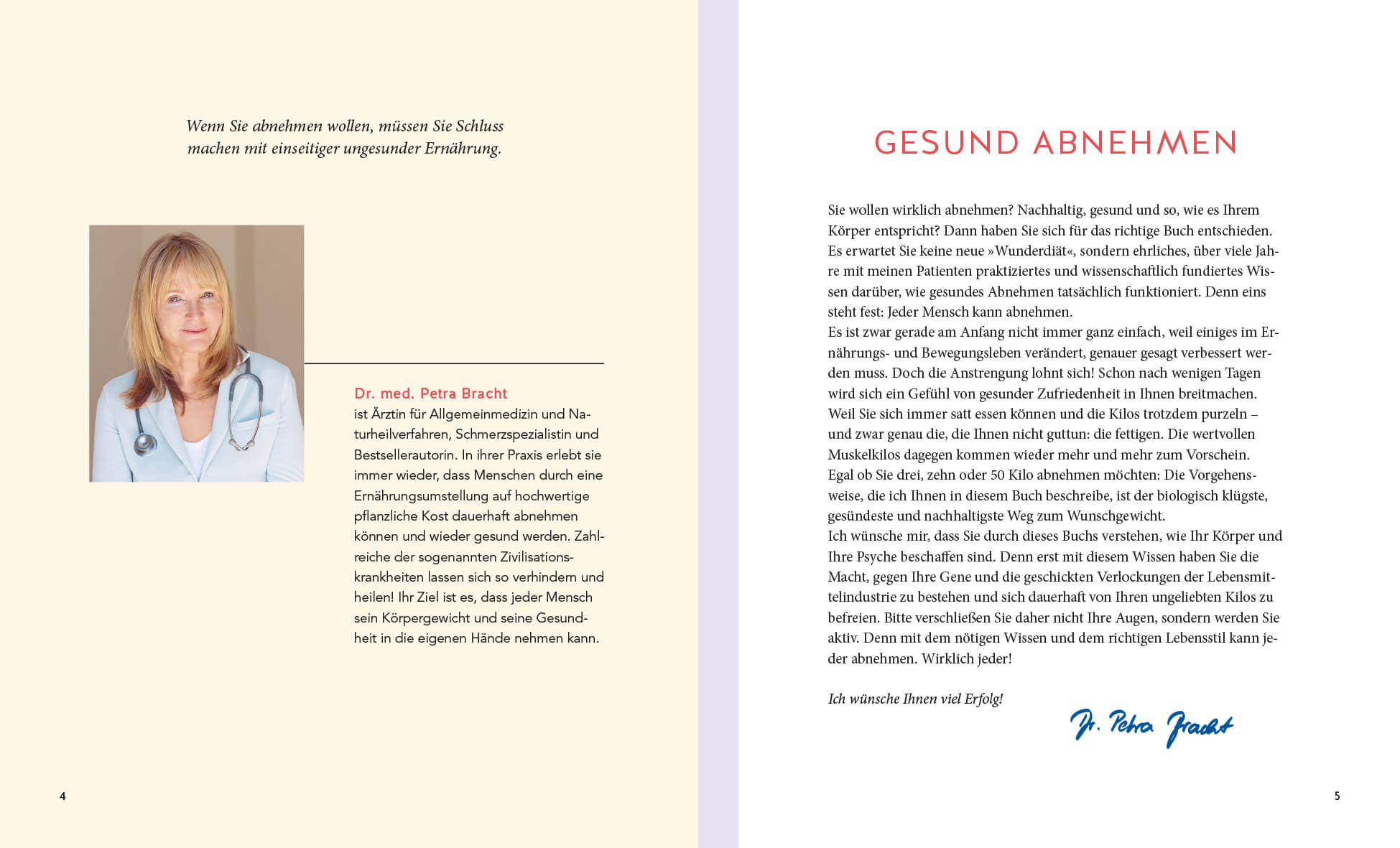 Eine deutschsprachige Buchseite zeigt auf der linken Seite ein Foto von Dr. Petra Bracht mit einem einführenden Text über ihr Fachwissen. Die rechte Seite enthält den Titel Gesund Abnehmen und einen von Dr. Petra Bracht unterzeichneten Brief an die Leser.