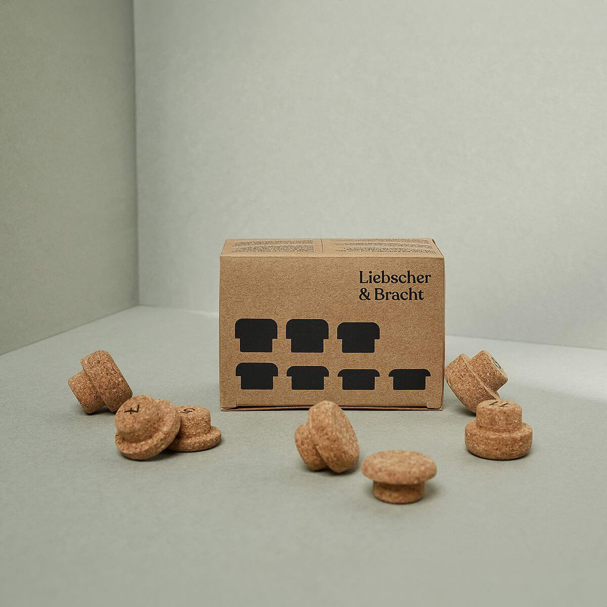 Ein Liebscher & Bracht Korken-Set für den Kieferretter liegt auf einer grauen Fläche, umgeben von acht nachhaltigen Korken in verschiedenen Formen und Größen. Auf der Vorderseite der Schachtel sind schwarze grafische Symbole abgebildet.