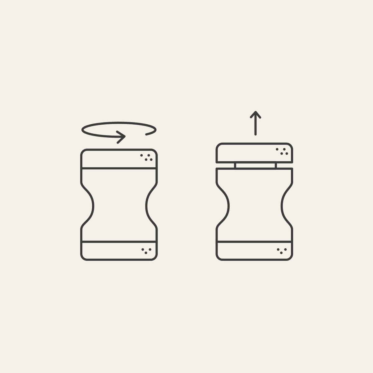 Minimalistische Strichzeichnung, die einen Behälter zeigt. Das erste Bild hat einen gebogenen Pfeil über dem Deckel, der anzeigt, dass er gedreht werden soll. Das zweite Bild hat einen nach oben gerichteten Pfeil über dem Deckel, der anzeigt, dass er abgezogen werden soll.