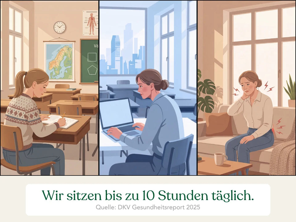 Drei Illustrationen vom Sitzen in Schule, Büro und auf dem Sofa mit dem Hinweis: Wir sitzen bis zu 10 Stunden täglich