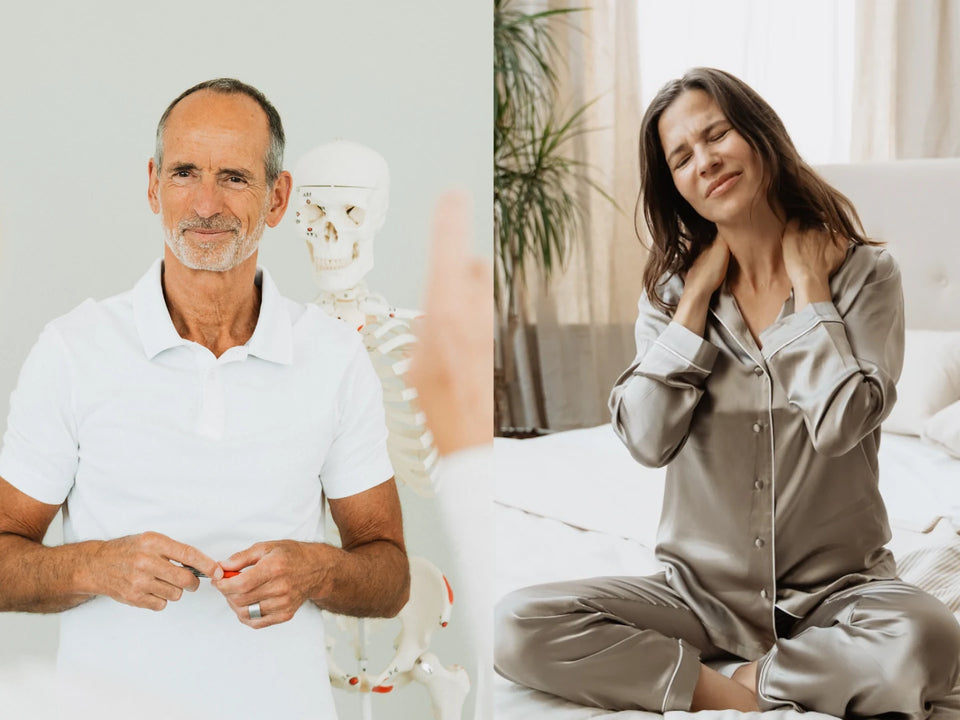 Links Roland Liebscher-Bracht neben einem Skelett-Modell, rechts eine Frau im Bett, die sich morgens den verspannten Nacken hält