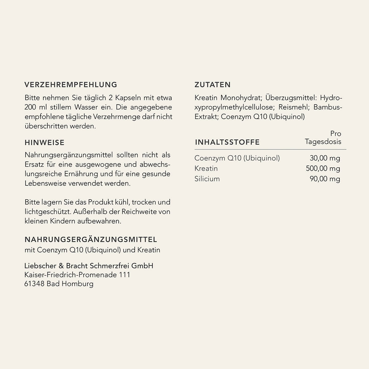 Produktetikett in deutscher Sprache mit Abschnitten für Dosierung, Inhaltsstoffe, Hinweise und Herstellerangaben. Zu den wichtigsten Inhaltsstoffen gehören Coenzym Q10 und Silizium. Dosierung: 2 Kapseln täglich mit Wasser. Hersteller: Liebesherz & Bracht.