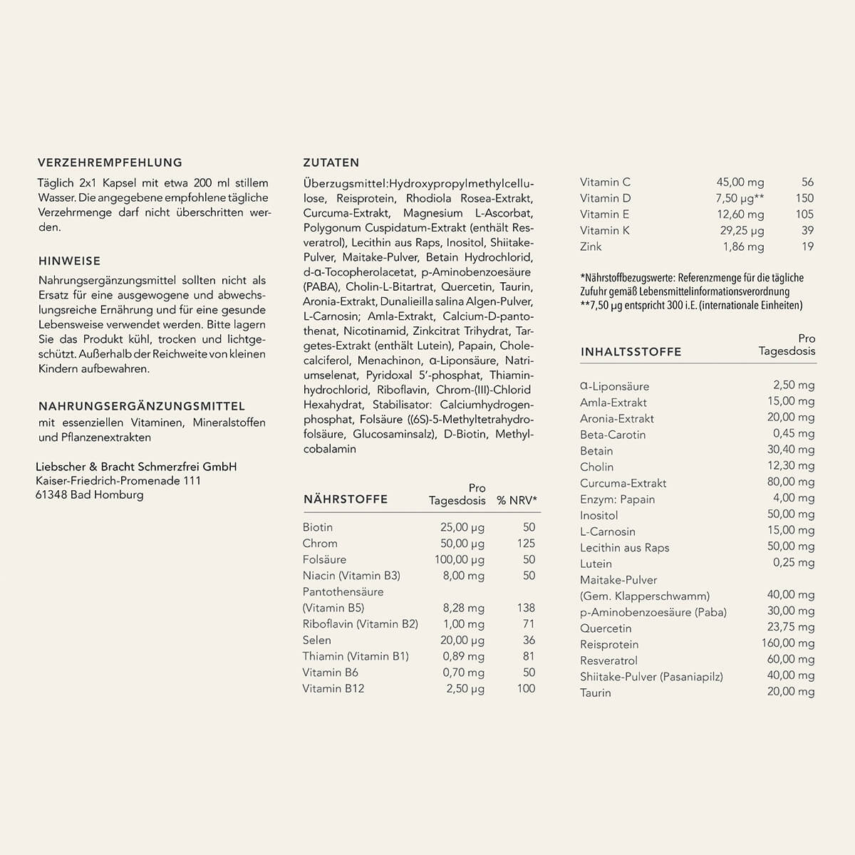 Eine Tabelle mit den Fakten zu Nahrungsergänzungsmitteln in deutscher Sprache listet die empfohlene Verwendung, die Inhaltsstoffe, die Hinweise und die Nährwertangaben auf, einschließlich der Vitamine, Mineralstoffe und Pflanzenextrakte, zusammen mit den jeweiligen Mengen und den prozentualen Tageswerten.