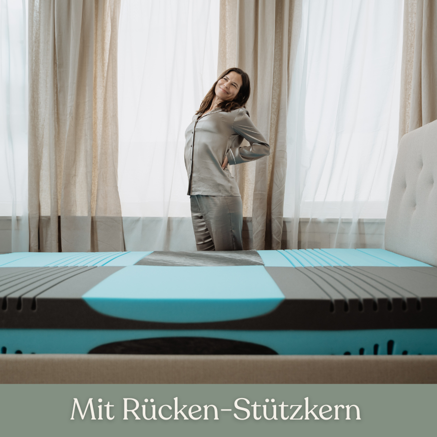 Eine Frau im Pyjama streckt sich glücklich neben einem Bett mit einer blau-schwarzen Matratze. Sonnenlicht strömt durch die durchsichtigen Vorhänge. Der Text am unteren Rand lautet "Mit Rücken-Stützkern".