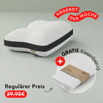 Ein weißes Liebscher & Bracht Kissen mit schwarzer Banderole und strukturierter Oberfläche wird neben einem gefalteten weißen Kopfkissenbezug gezeigt. Rote Banner weisen auf ein Wochenangebot, einen reduzierten Preis und einen kostenlosen Kissenbezug hin. Der gesamte Text ist auf Deutsch.