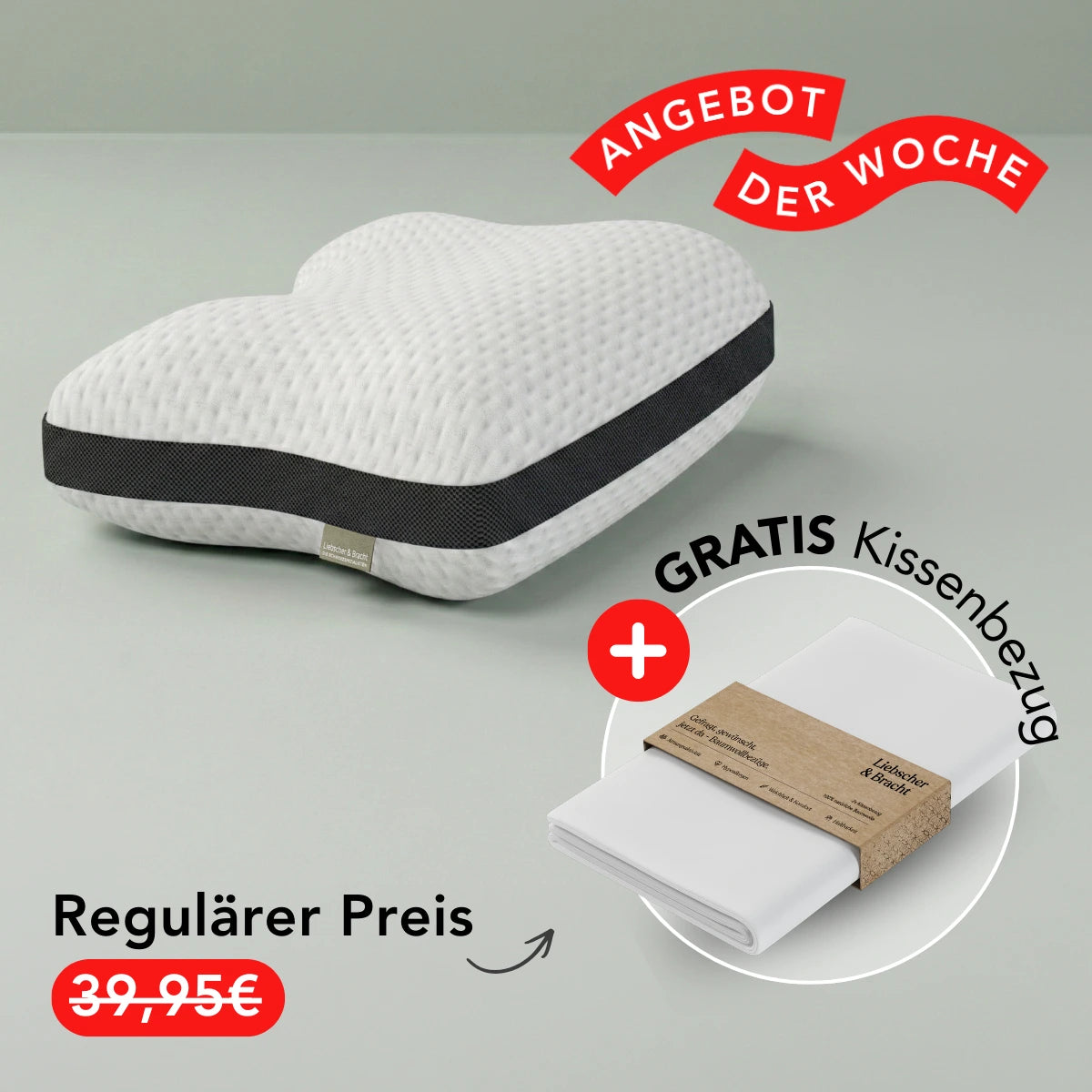 Ein weißes Liebscher & Bracht Kissen mit schwarzer Banderole und strukturierter Oberfläche wird neben einem gefalteten weißen Kopfkissenbezug gezeigt. Rote Banner weisen auf ein Wochenangebot, einen reduzierten Preis und einen kostenlosen Kissenbezug hin. Der gesamte Text ist auf Deutsch.