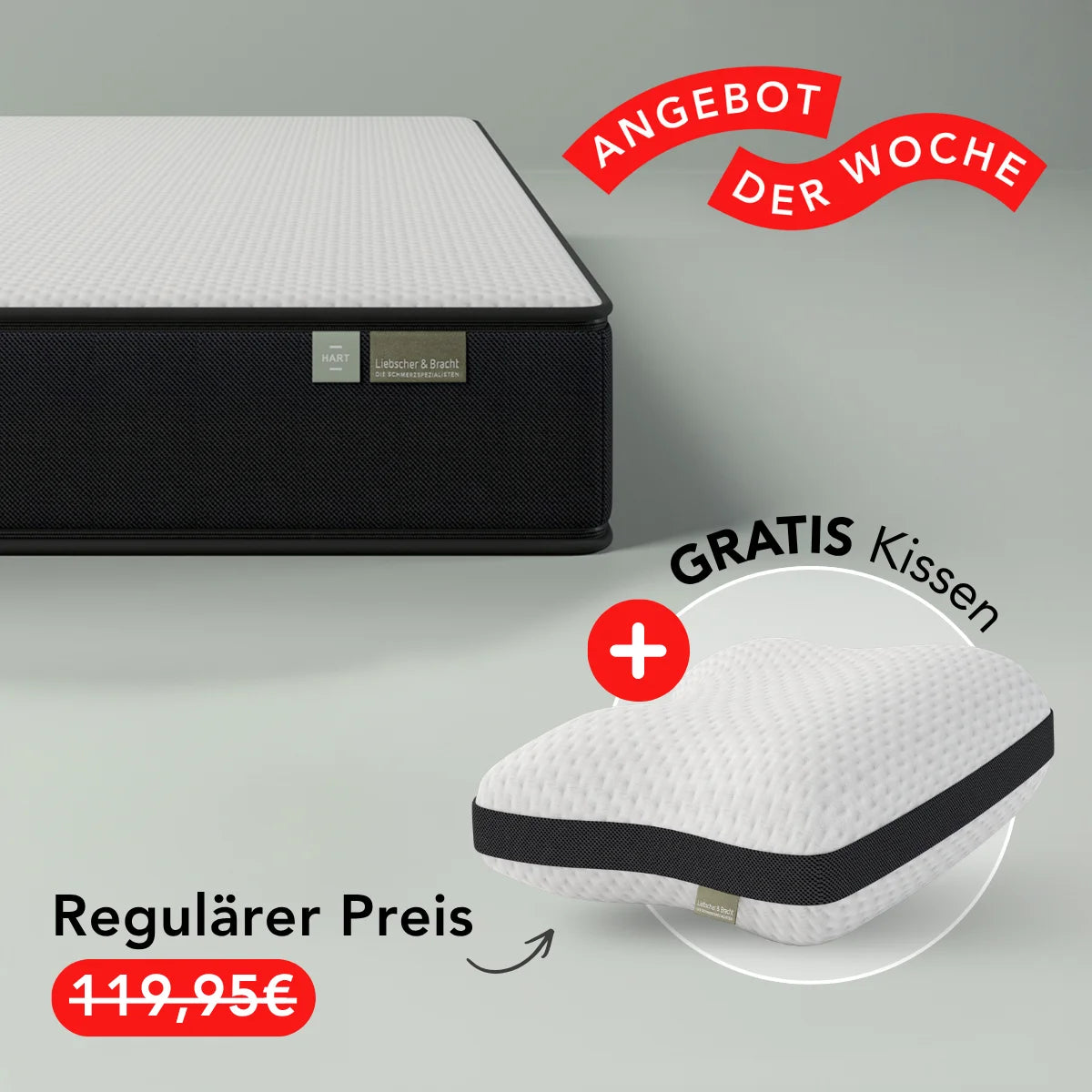 Die Liebscher & Bracht Matratze mit weißer Oberfläche, schwarzen Seiten und den Härtegraden H3/H4 bietet optimalen Komfort. Inklusive GRATIS Kissen. Angebot der Woche: UVP 119,95€ durchgestrichen.