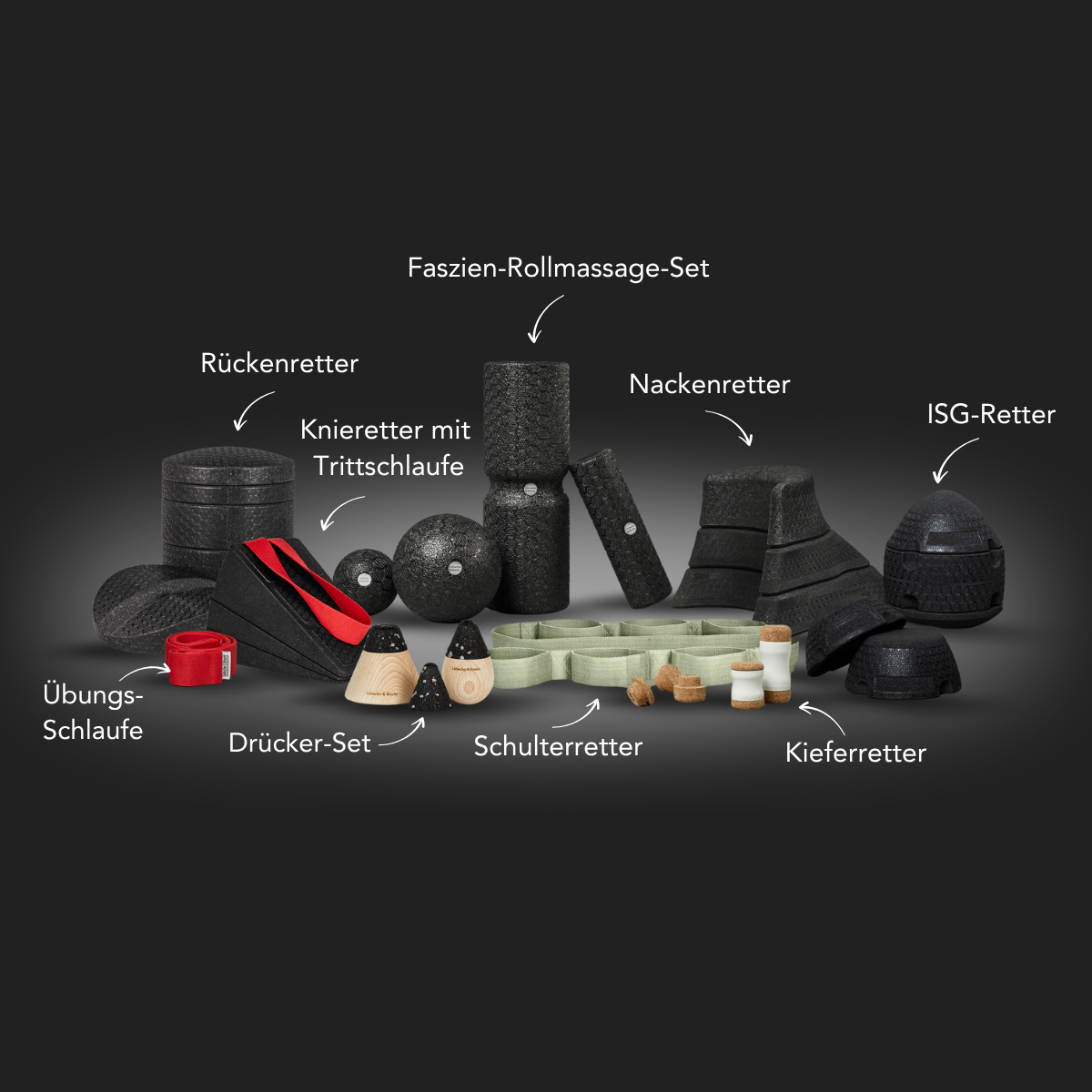 Eine Gruppe von schwarz-grünen Dein Komplett-Paket Schaumstoff-Massage- und Übungsgeräten von Liebscher & Bracht, die jeweils in deutscher Sprache beschriftet sind - Rollen, Blöcke und Bänder - sind ordentlich auf einem dunklen Hintergrund angeordnet.