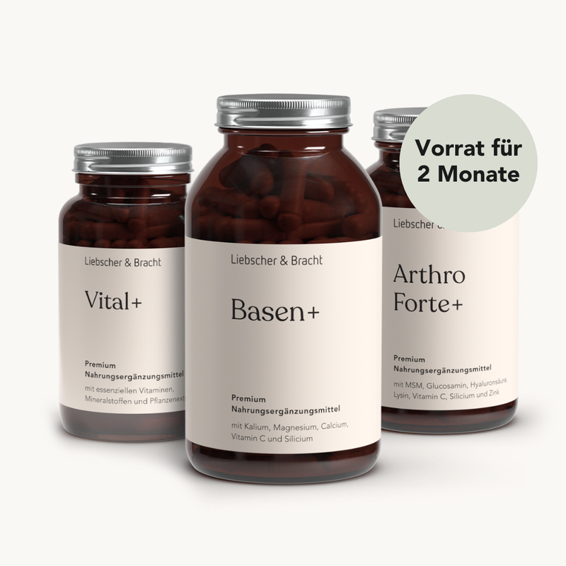 Die 3er-Kombi - Arthro Premium Vitalstoffe von Liebscher & Bracht zeigt drei braune Flaschen zur Gelenkunterstützung mit MSM und Glucosamin. Auf einem grünen Kreis steht "Vorrat für 2 Monate".