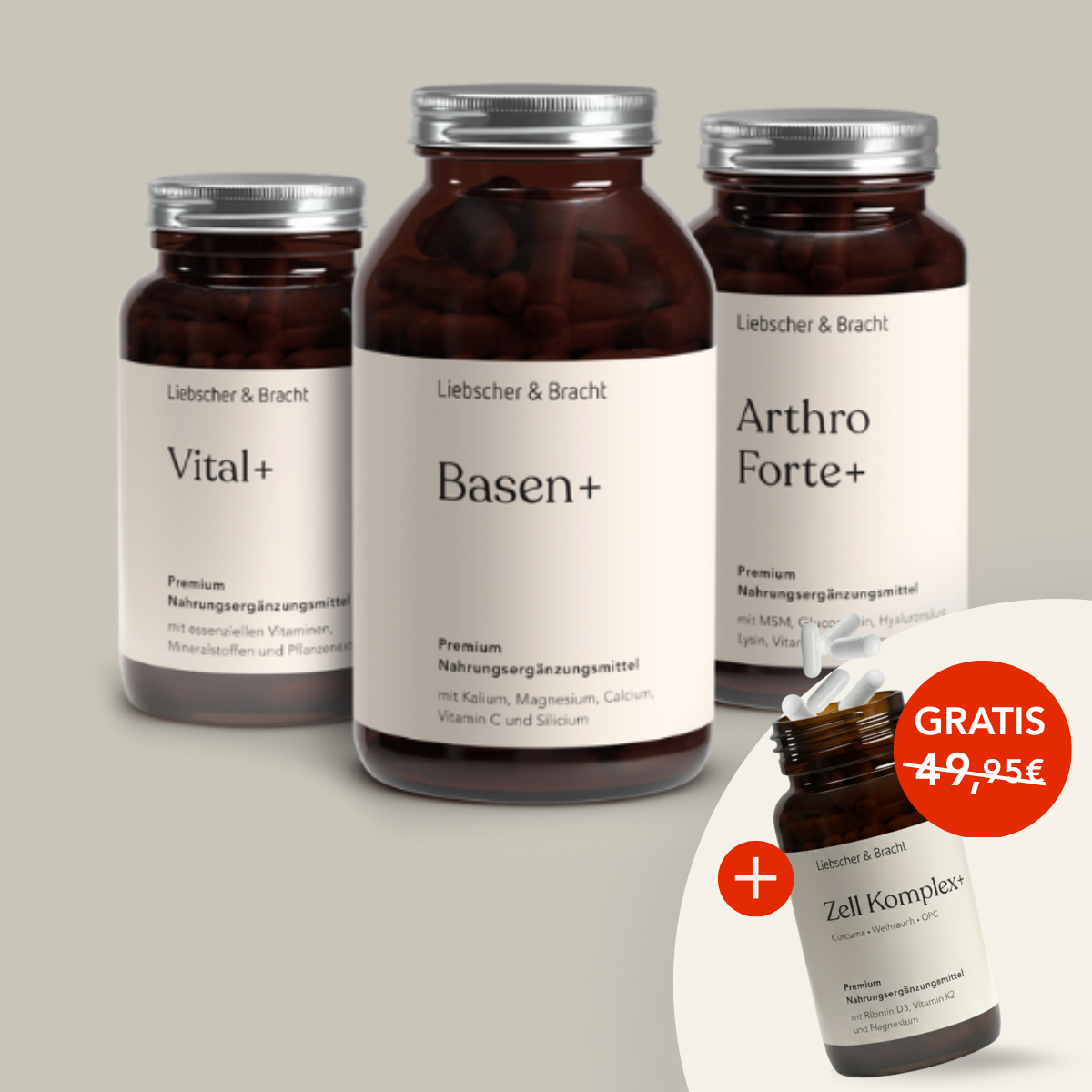 Drei braune Flaschen von Liebscher & Bracht Die 3er-Kombi - Arthro Premium Vitalstoffe stehen nebeneinander. In der Ecke steht eine kleinere Flasche Zell Komplex+ mit einem roten Kreis "GRATIS 49,95 €".