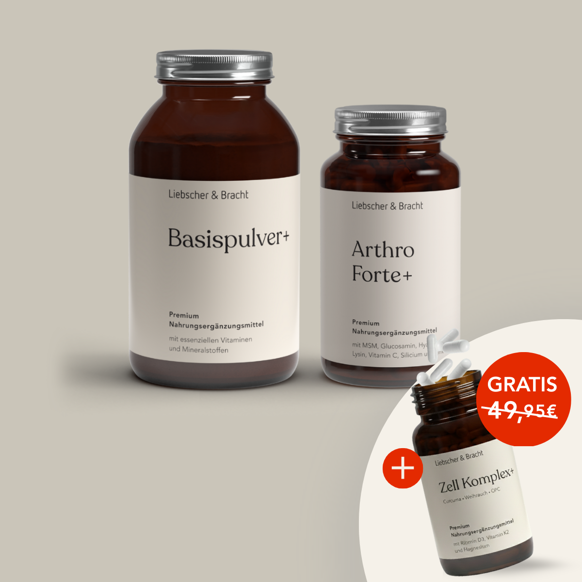 Zwei braune Ergänzungsflaschen des Liebscher & Bracht ALL IN ONE - Arthro-Paket (Pulver+Kapseln) stehen nebeneinander. Ein rundes Overlay zeigt eine Zell Komplex+ Flasche mit "GRATIS 49,95€" Angebot. Alle Etiketten sind auf Deutsch.