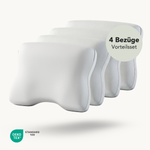 Vier weiße Liebscher & Bracht Baumwoll-Kissenbezüge sind in einer Reihe abgebildet, beschriftet mit "Vorteilsset: 4 Bezüge". Links unten ist ein OEKO-TEX STANDARD 100-Logo zu sehen. Der Hintergrund ist einfarbig weiß.