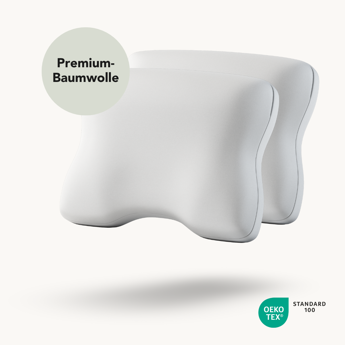Abgebildet sind zwei Liebscher & Bracht 2er-Pack Baumwoll-Kissenbezüge vor unifarbenem Hintergrund mit dem Label "Premium-Baumwolle" und dem Zertifizierungslogo OEKO-TEX Standard 100 in der rechten unteren Ecke.