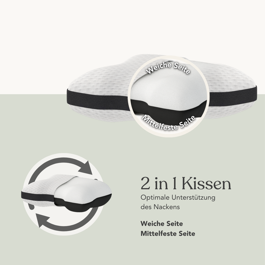 Das Liebscher & Bracht Schlafset: Matratze + Kissen enthält ein 2-in-1-Kissen mit zwei Seiten: Weiche Seite (soft) und Mittelfeste Seite (medium-firm) - für optimale Nackenunterstützung.