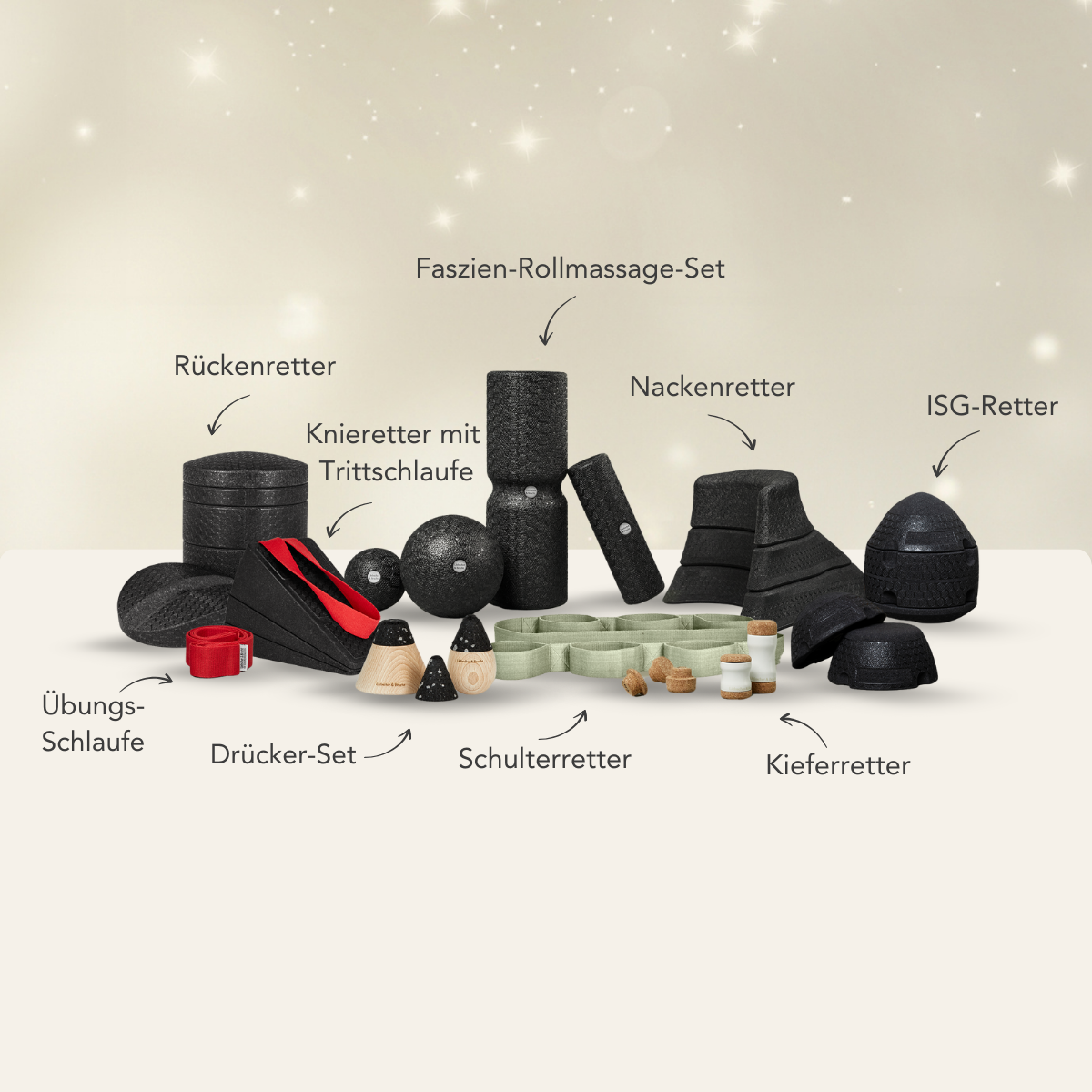 Ein Satz schwarz-beiger Massage- und Therapiegeräte aus dem Dein Komplett-Paket von Liebscher & Bracht, darunter der ISG-Ischias-Retter, arrangiert auf einer hellen Fläche mit deutschen Etiketten und einem weichen beigen Hintergrund.
