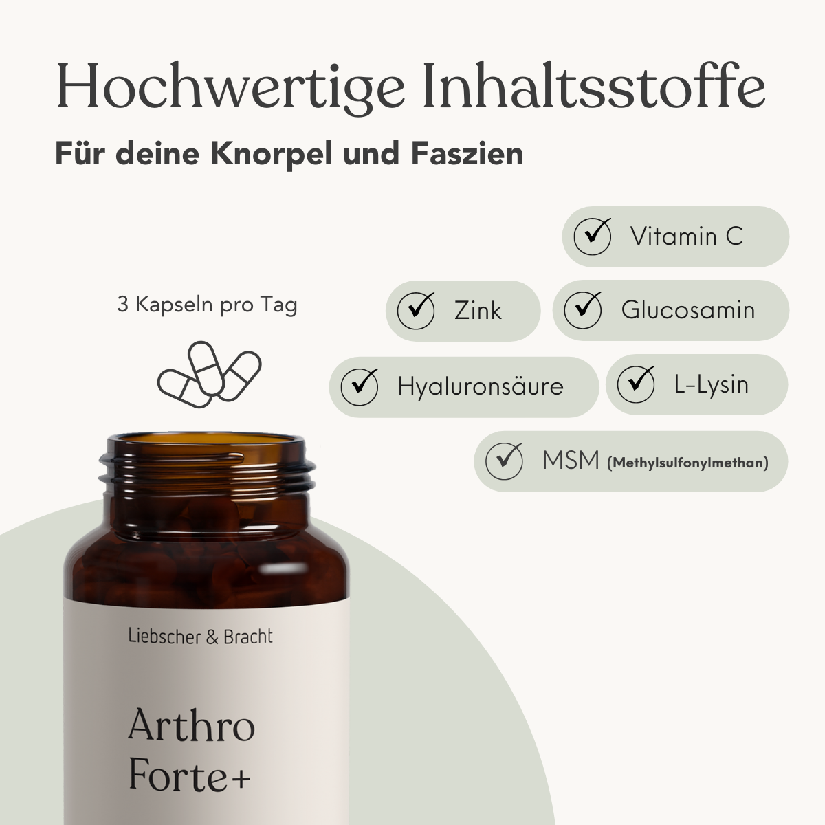 Abgebildet ist eine Flasche Liebscher & Bracht Arthro Forte+ für 2 Monate mit Kapseln und einem deutschen Etikett, auf dem Vitamin C, Zink, Glucosamin, Hyaluronsäure, L-Lysin und MSM aufgeführt sind. Das Präparat ist vegan.