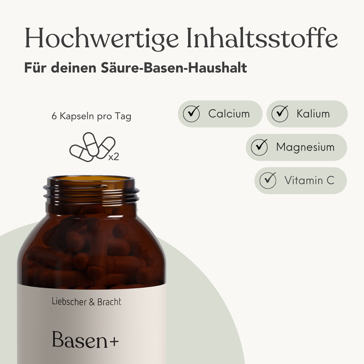 Eine braune Flasche mit der Aufschrift Basen+ für 2 Monate von Liebscher & Bracht enthält Symbole für eine Tagesdosis von 6 Kapseln und einen Text, der die wichtigsten Inhaltsstoffe hervorhebt: Kalium, Magnesium, Kalzium und Vitamin C.
