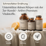 Drei braune Liebscher & Bracht-Flaschen - Die 3er-Kombi Arthro Premium Vitalstoffe - stehen mit Zitronen und Stoff und werben für hochwertige, vegane Rezepturen, made in Germany. Arthro Forte+ enthält Glucosamin und Hyaluronsäure.