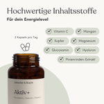 Eine braune Aktiv+ für 2 Monate Ergänzungsflasche von Liebscher & Bracht hebt Vitamin C, Kupfer, Glucosamin, Hyaluron, Mangan, Magnesium & Kiefernrindenextrakt hervor. Vegan & umweltfreundlich verpackt. 2 Kapseln pro Tag mit hochwertigen Inhaltsstoffen.