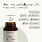 Eine braune, umweltfreundliche Liebscher & Bracht Osteo Komplex+ für 2 Monate Flasche ist mit Symbolen für Vitamin D, C, K, Magnesium, Mangan, Zink, Bor und Weihrauch abgebildet. Das Etikett empfiehlt die Einnahme von 3 veganen Kapseln täglich.