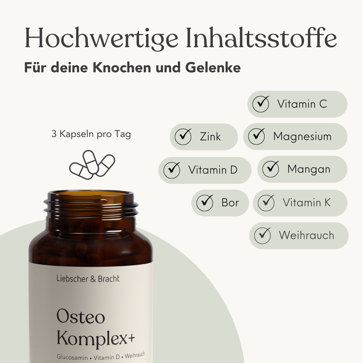 Eine braune, umweltfreundliche Liebscher & Bracht Osteo Komplex+ für 2 Monate Flasche ist mit Symbolen für Vitamin D, C, K, Magnesium, Mangan, Zink, Bor und Weihrauch abgebildet. Das Etikett empfiehlt die Einnahme von 3 veganen Kapseln täglich.