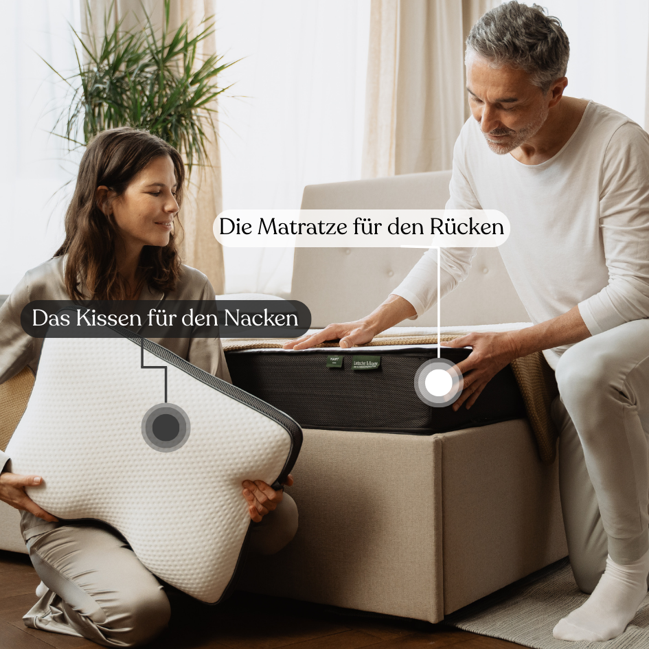 Eine Frau hält ein weißes ergonomisches Kissen, und ein Mann berührt eine schwarze Matratze aus dem Liebscher & Bracht Schlafset: Matratze + Kissen, mit den deutschen Aufschriften "Das Kissen für den Nacken" und "Die Matratze für den Rücken".