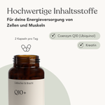 Eine offene braune Flasche mit der Aufschrift "Liebscher & Bracht Q10+ für 2 Monate" mit illustrierten Kapseln hebt aktiviertes Ubiquinol und Kreatin für Zell- und Muskelenergie hervor; die empfohlene Verzehrmenge beträgt 2 Kapseln täglich.
