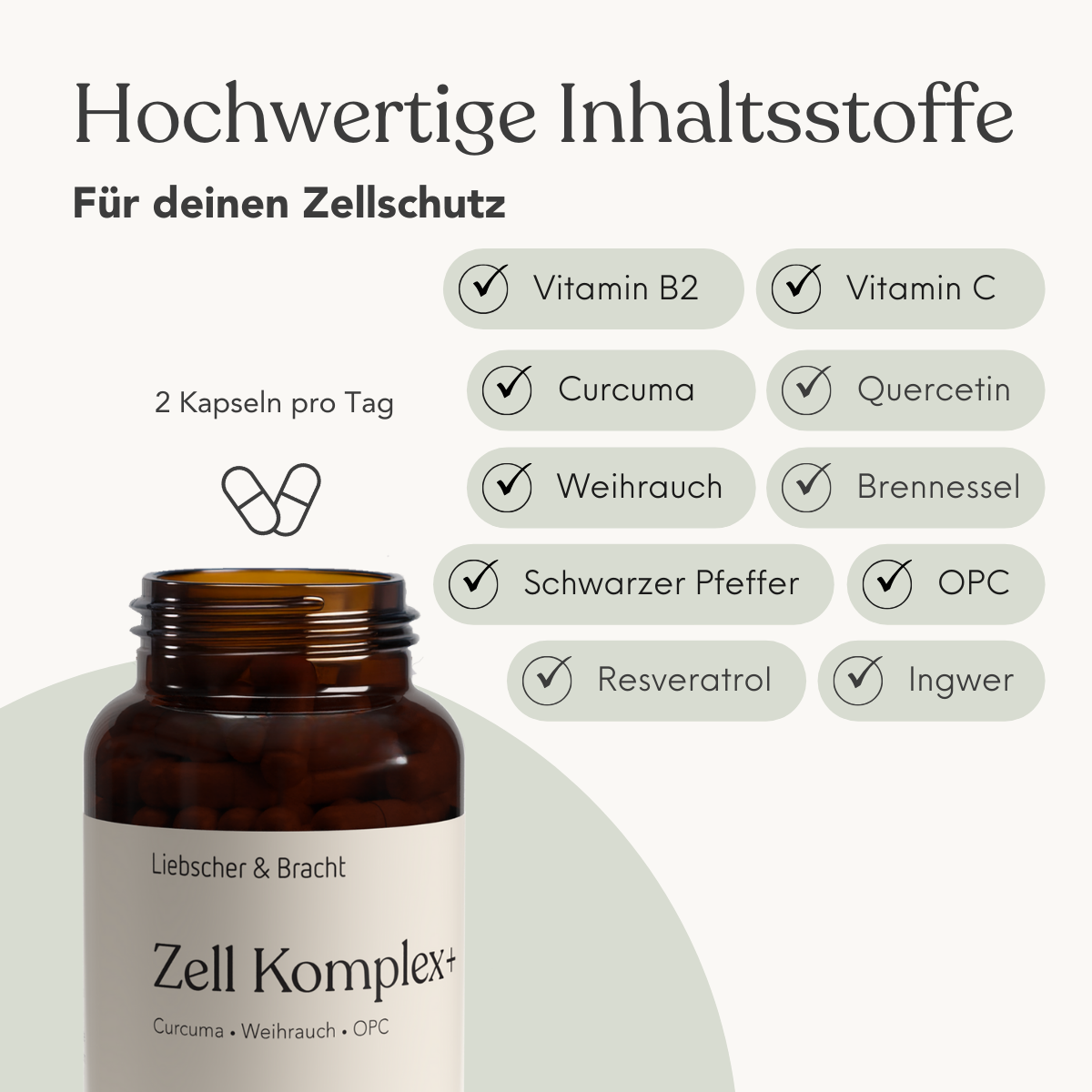 Abgebildet ist eine braune Flasche Liebscher & Bracht Zell Komplex+ für 2 Monate mit Kapseln. Inhaltsstoffe: Riboflavin (B2), Curcuma, Schwarzer Pfeffer, Vitamin C, Traubenkern-Extrakt (OPC), Weihrauch, Brennessel, Resveratrol & Ingwer. Dosierung: 2 Kapseln täglich.