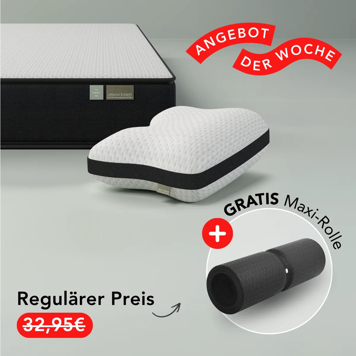 Das Liebscher & Bracht-Schlafset: Matratze + Kissen umfasst ein herzförmiges weißes Kissen mit schwarzer Einfassung, eine schwarze Rollmatratze und eine Matratze. Der deutsche Text weist auf ein Wochenangebot, einen reduzierten Preis und eine kostenlose Maxi-Rolle (Schaumstoffrolle) beim Kauf hin.