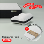 Abgebildet ist das Schlafset: Matratze + Kissen von Liebscher & Bracht. Der deutsche Text lautet „Angebot der Woche“, der reguläre Preis von 29,95 € ist durchgestrichen, und es wird „Gratis Kissenbezug“ angezeigt.