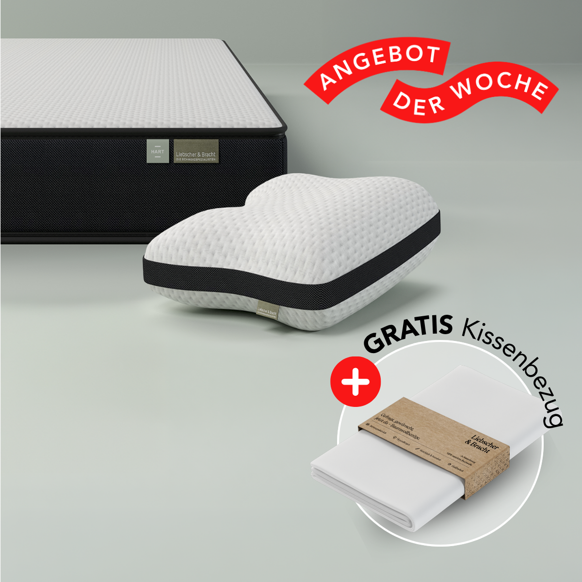Das Schlafset: Matratze + Kissen von Liebscher & Bracht wird mit einem herzförmigen Kissen und einem kostenlosen Kopfkissenbezug in der Verpackung gezeigt. Ein rotes "Angebot der Woche"-Banner hebt das Gratis-Kissenbezug-Angebot hervor.
