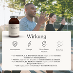 Ein lächelndes Paar joggt im Freien im Sonnenlicht. Eingeblendet sind das Liebscher & Bracht ALL IN ONE - Arthro-Paket (Pulver+Kapseln), Icons für Immunstärkung, Energie, pH-Balance, Zellen und deutsche Texte zu Gesundheitsvorteilen wie Glucosamin und Vitamine.