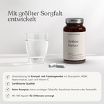 Eine Dose mit der Aufschrift All In One - Arthro-Paket (Pulver+Kapseln) von Liebscher & Bracht steht neben Wasser und zwei Kapseln. Der deutsche Text hebt die Gelenkunterstützung, die zertifizierte Qualität, die veganen Inhaltsstoffe und den 2-Monats-Vorrat von 180 Kapseln hervor.