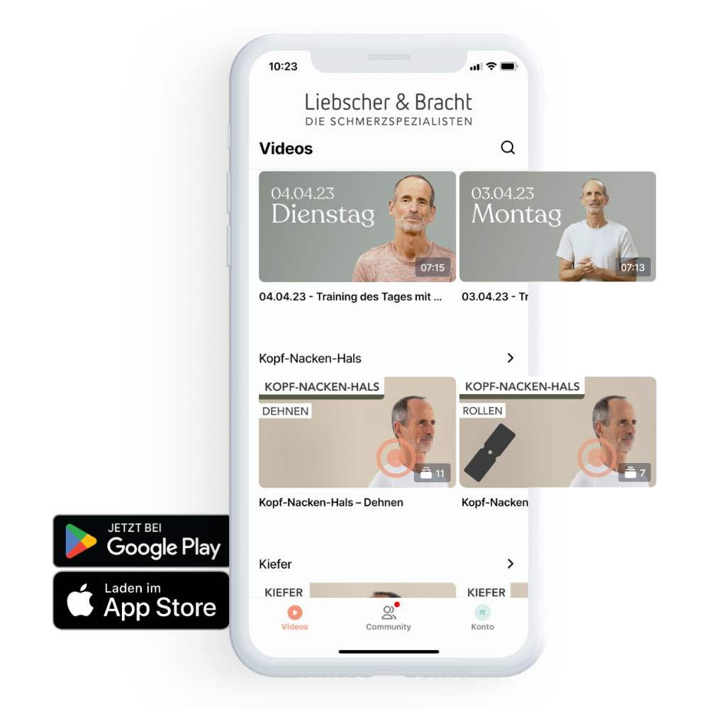 Auf einem Smartphone wird die Liebscher & Bracht-App von Liebscher & Bracht mit Video-Miniaturansichten und Navigationsregisterkarten angezeigt. Google Play- und Apple App Store-Badges erscheinen auf der linken Seite.