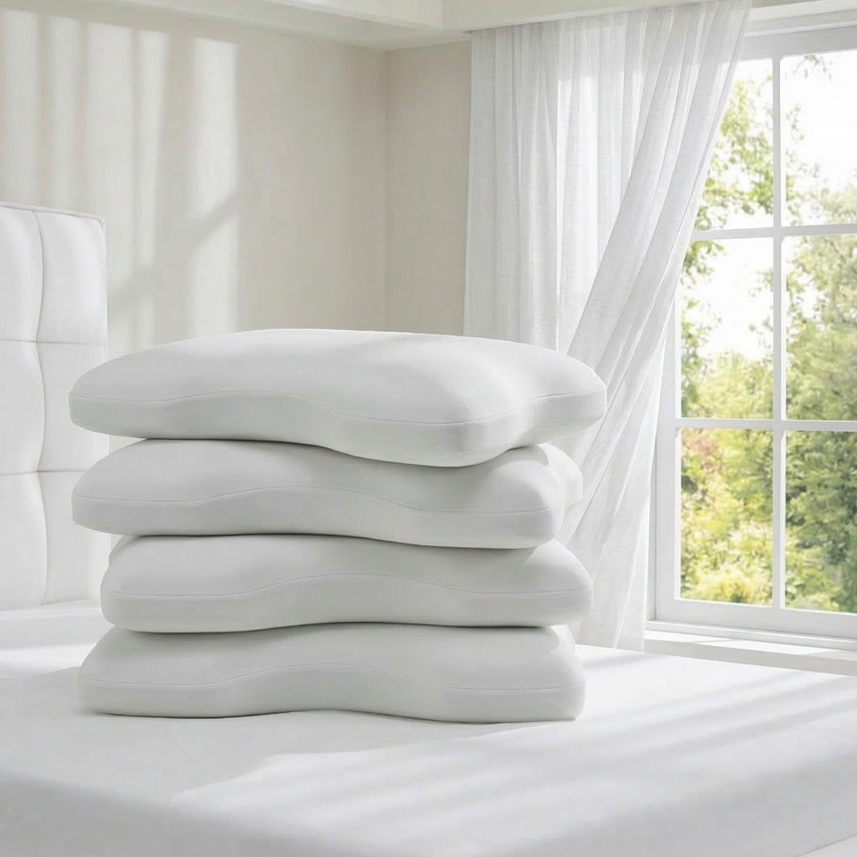 Vier Liebscher & Bracht Vorteilsset: Baumwoll-Kissenbezug Koffer in Weiß stehen auf einem Bett in einem hellen Schlafzimmer mit luftigen weißen Wänden und durchsichtigen Vorhängen, durch die das Sonnenlicht durch das Fenster fällt.